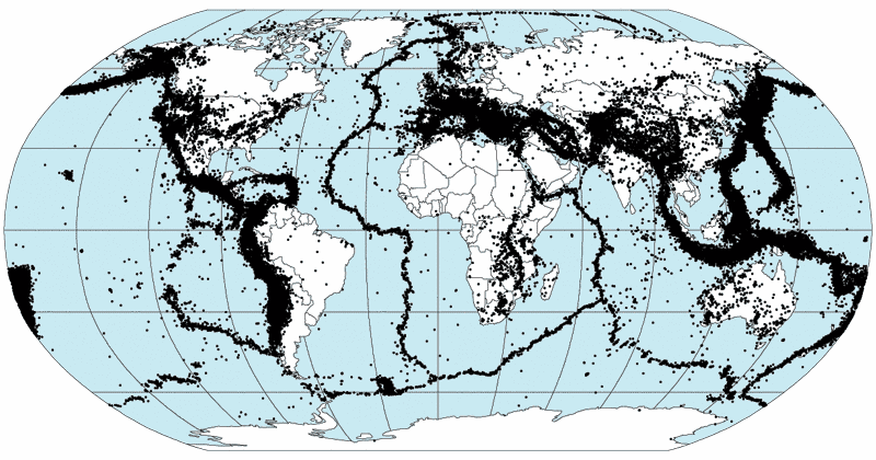 Epicentros mundiales de terremotos entre 1963 y 1998. CC// Wikimedia Commons.
